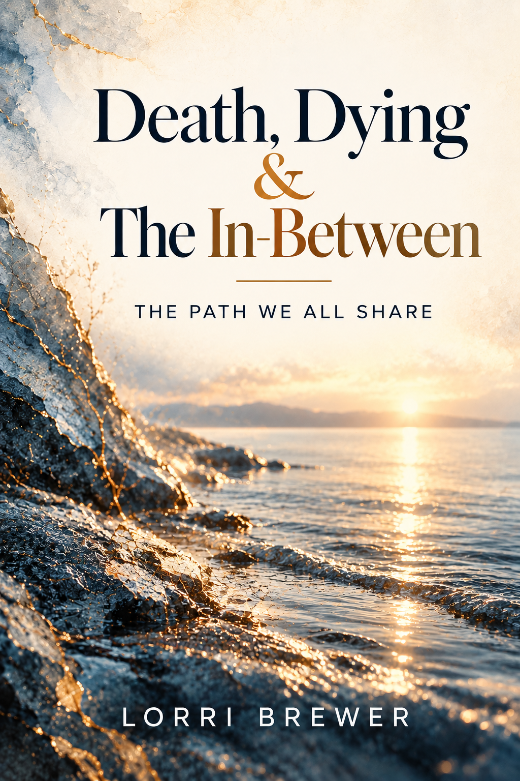 Death, Dying & The In-Between ebook cover by Lorri Brewer featuring a luminous shoreline and restrained gold details