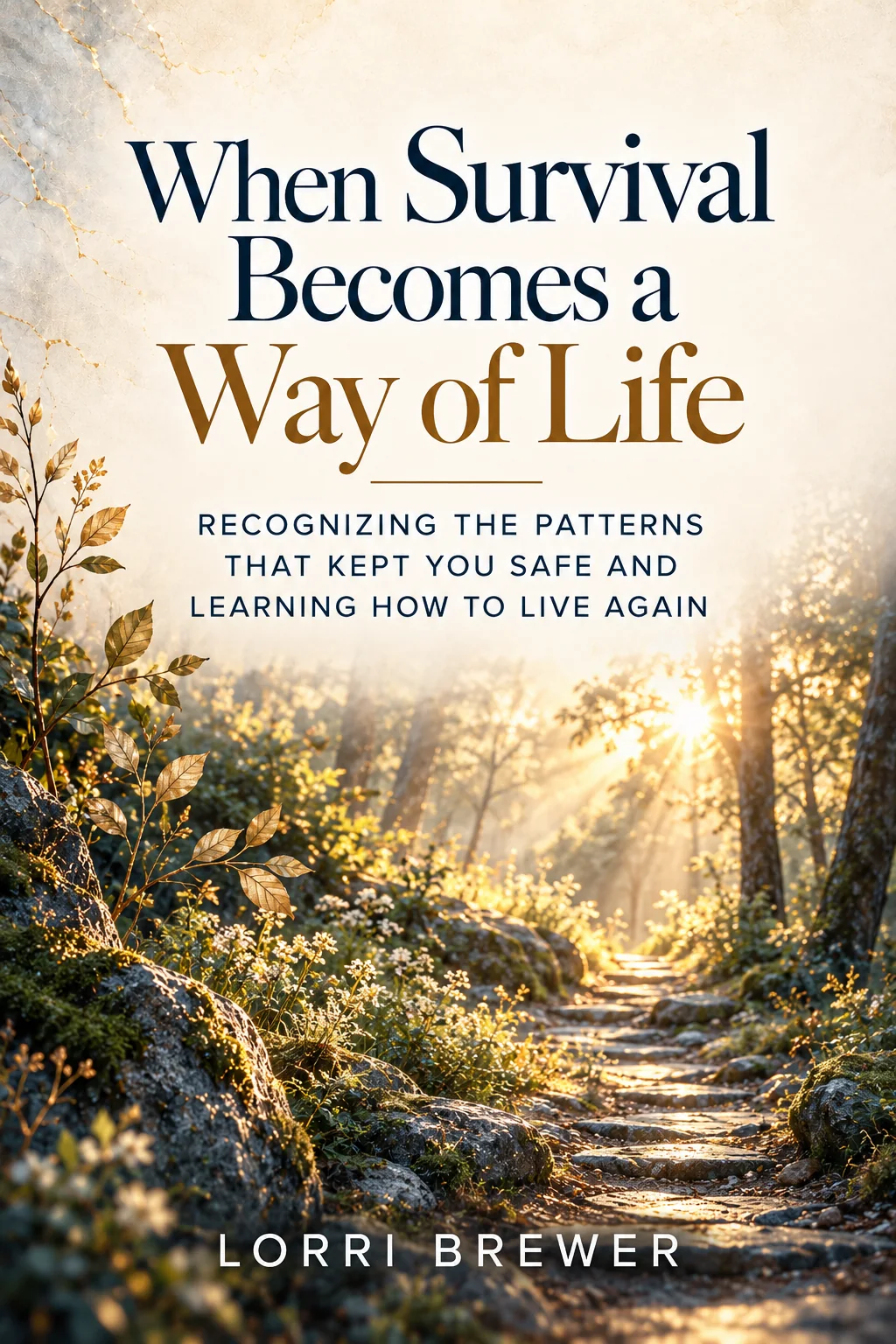 When Survival Becomes a Way of Life ebook cover by Lorri Brewer showing a sunlit woodland pathway