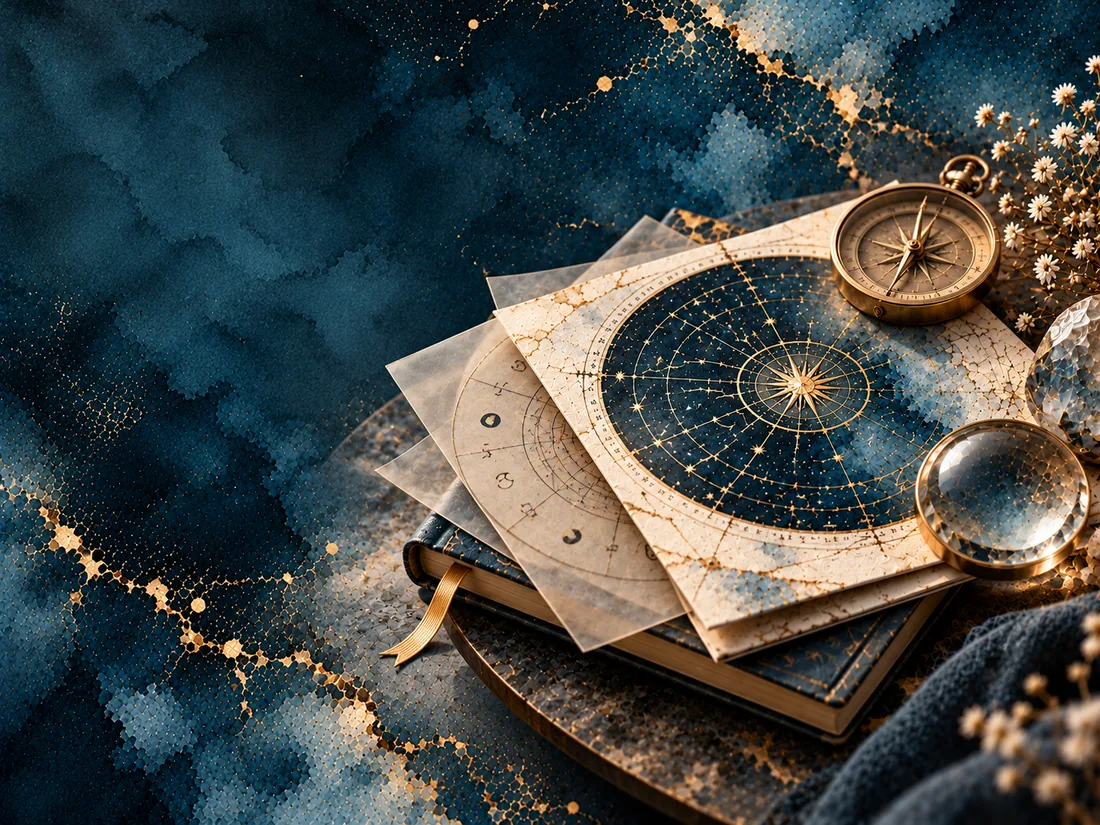 An astrological chart and brass compass.