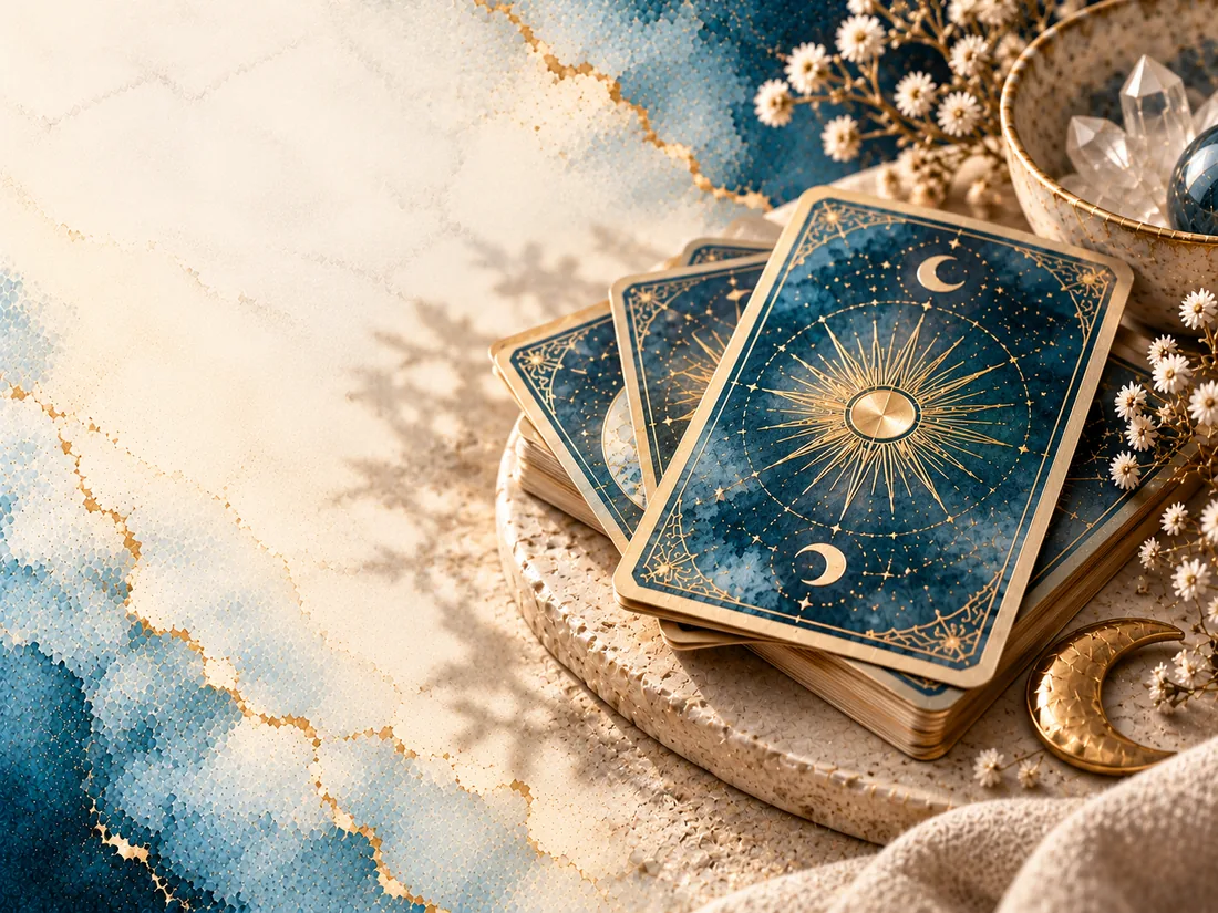 A set of blue and gold tarot cards.