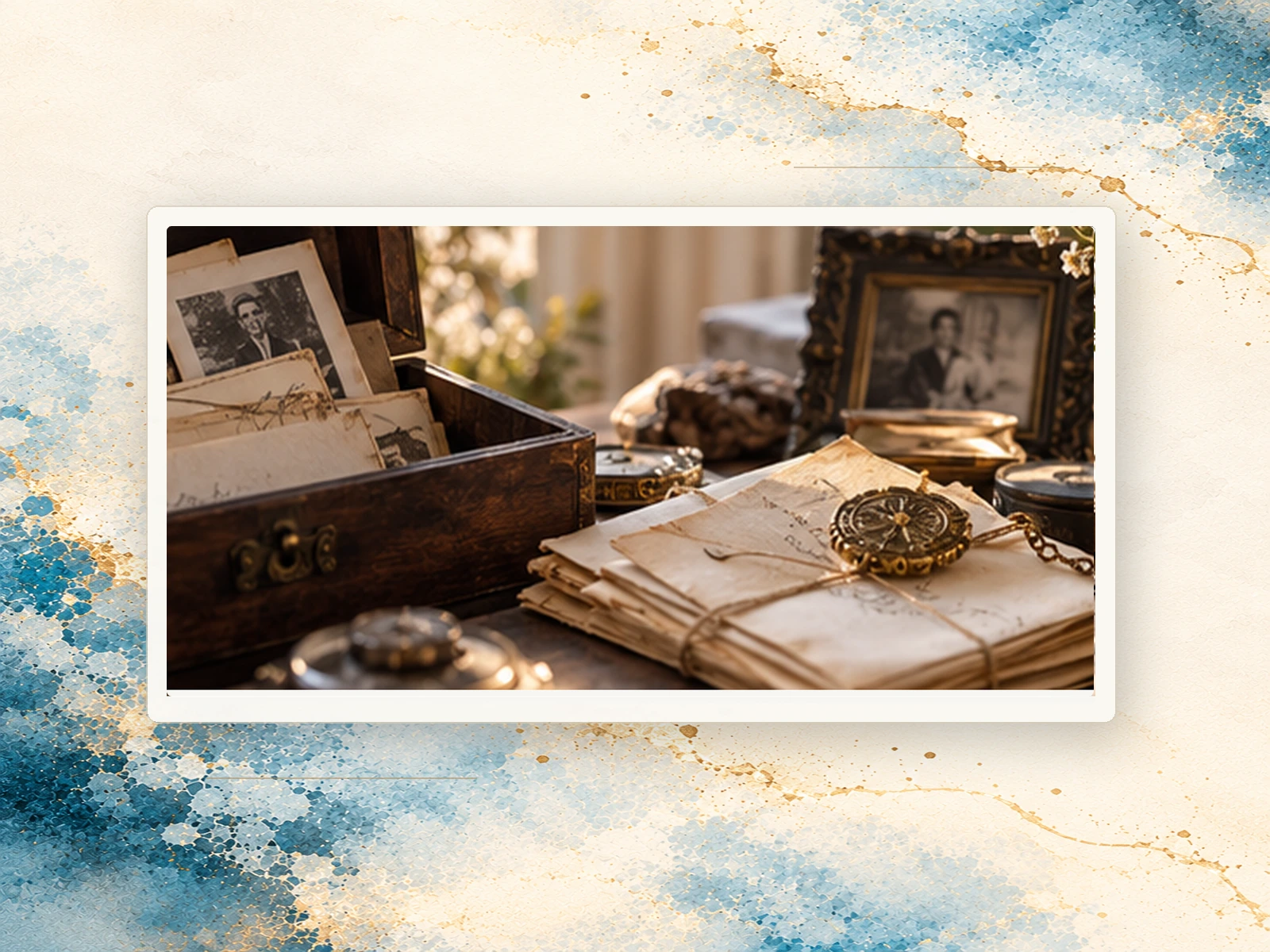 Family photographs, aged letters, and keepsakes arranged on a table.